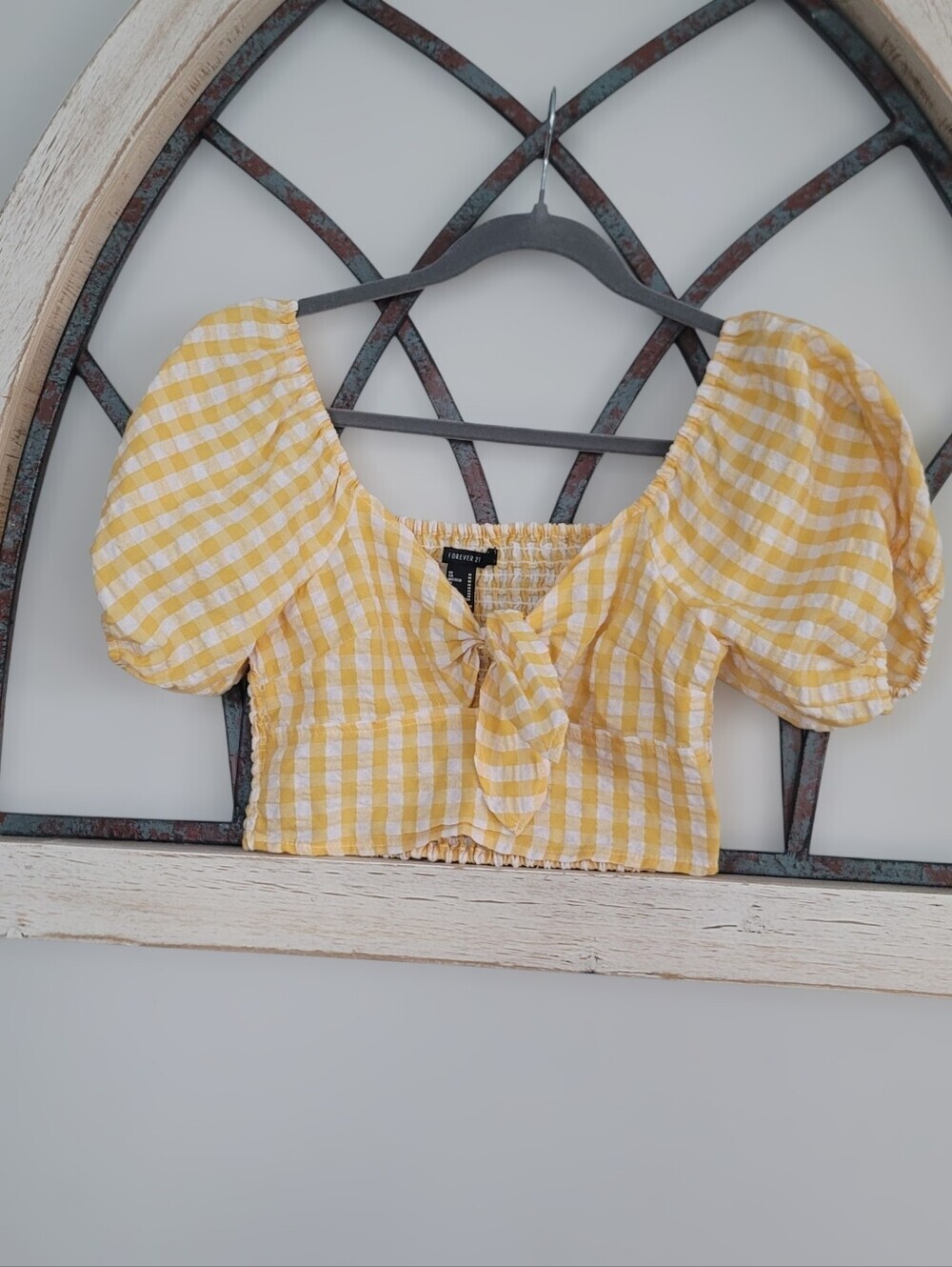 Forever 21 Yellow and White Gingham Tie-Front Smocked Crop Top, Sz M